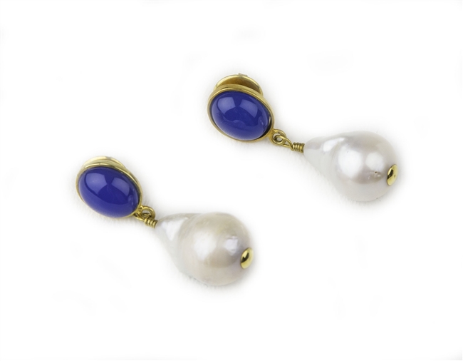 18K Gold Plated 925 Sterling Silver Blue Chalcedony Gemstone Dangle Earrings 